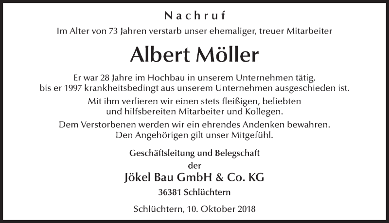  Traueranzeige für Albert Möller vom 10.10.2018 aus 