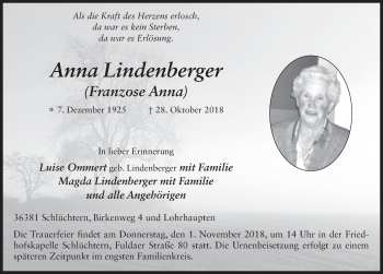 Traueranzeige von Anna Lindenberger 