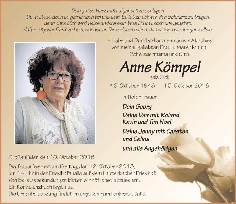  Traueranzeige für Anne Kömpel vom 10.10.2018 aus 