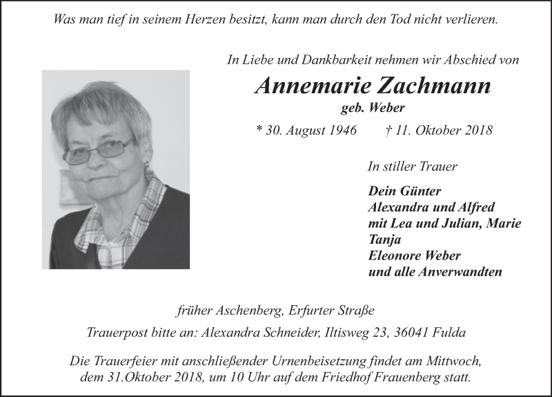  Traueranzeige für Annemarie Zachmann vom 27.10.2018 aus 