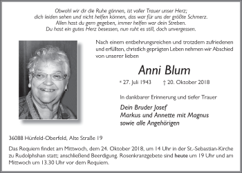 Traueranzeige von Anni Blum 