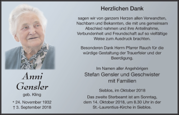 Traueranzeige von Anni Gensler 