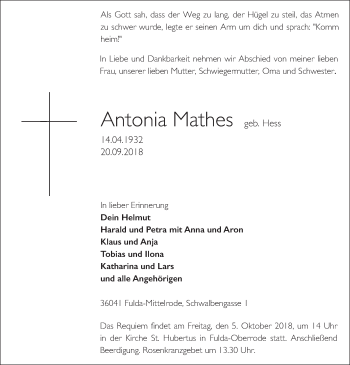 Traueranzeige von Antonia Mathes 