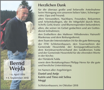 Traueranzeige von Bernd Wejda 