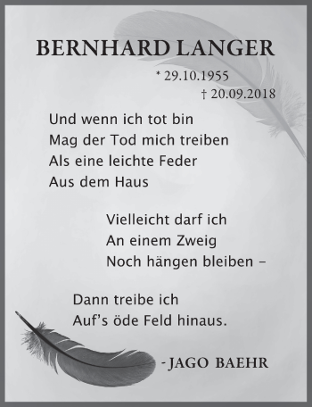 Traueranzeige von Bernhard Langer 