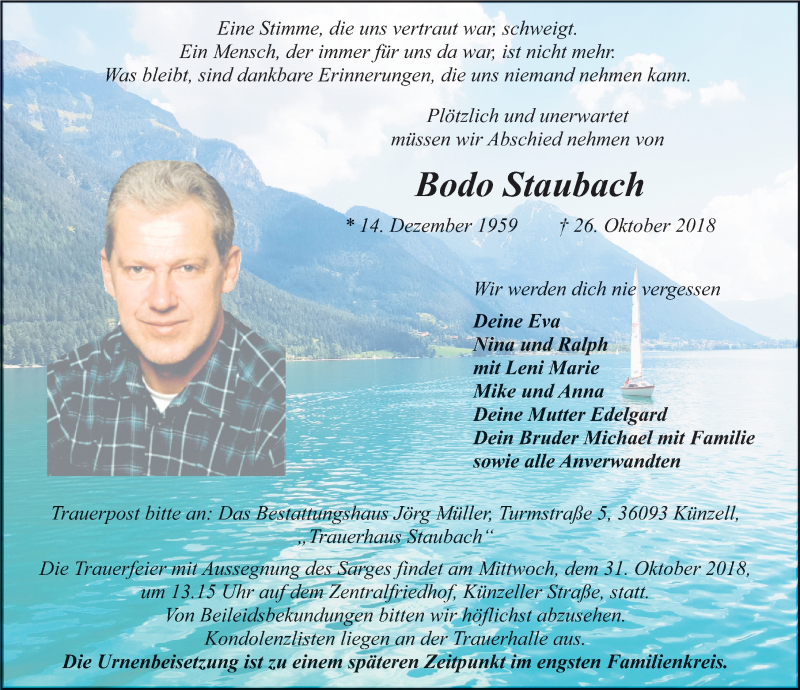  Traueranzeige für Bodo Staubach vom 29.10.2018 aus 