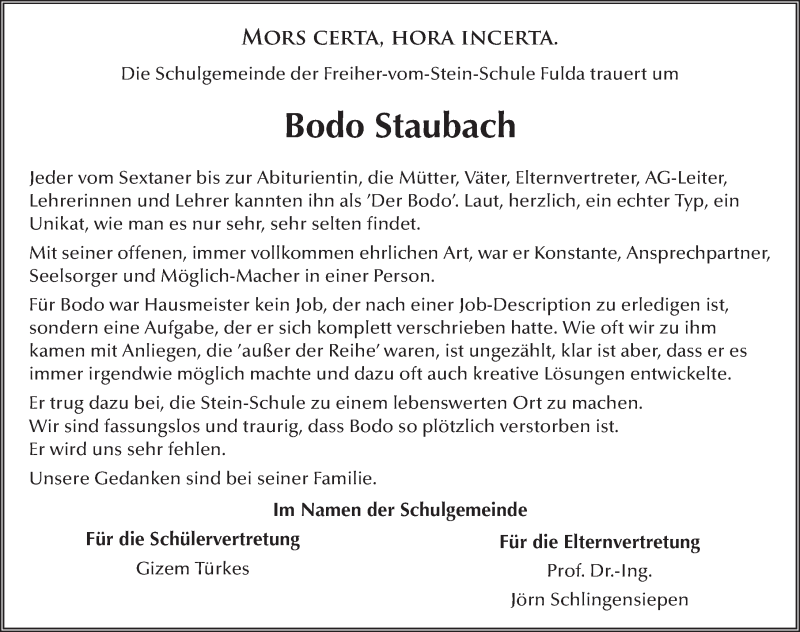  Traueranzeige für Bodo Staubach vom 31.10.2018 aus 