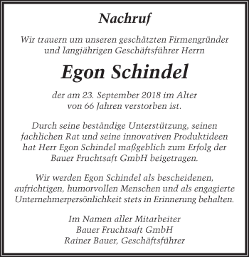 Traueranzeige von Egon Schindel 