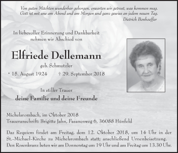 Traueranzeige von Elfriede Dellemann 
