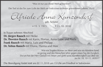 Traueranzeige von Elfriede Anna Kunzendorf 