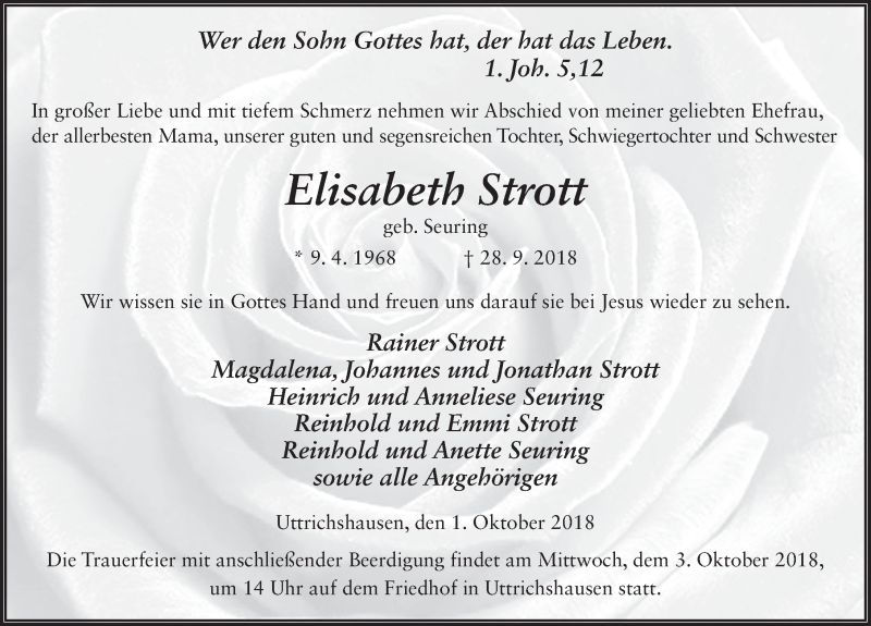 Traueranzeige für Elisabeth Strott vom 01.10.2018 aus 
