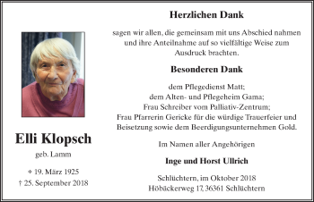 Traueranzeige von Elli Klopsch 