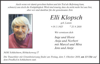 Traueranzeige von Elli Klopsch 