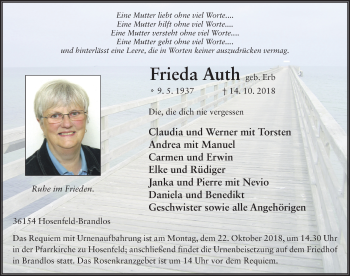 Traueranzeige von Frieda Auth 
