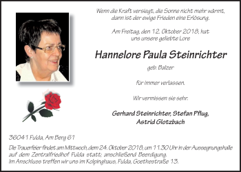 Traueranzeige von Hannelore Paula Steinrichter 
