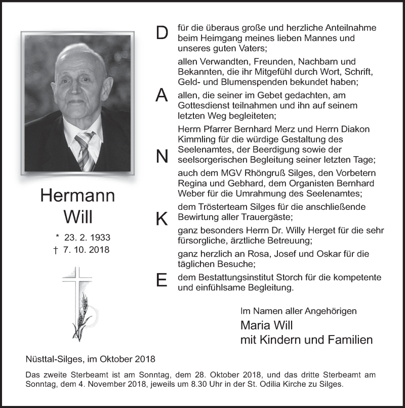  Traueranzeige für Hermann Will vom 26.10.2018 aus 