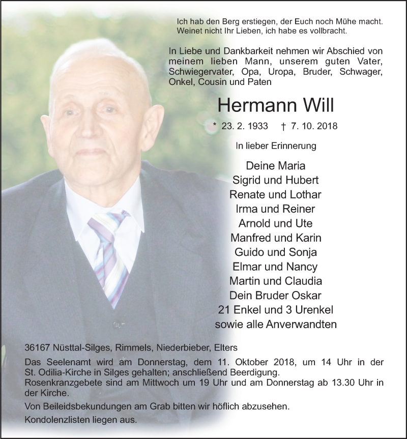  Traueranzeige für Hermann Will vom 09.10.2018 aus 