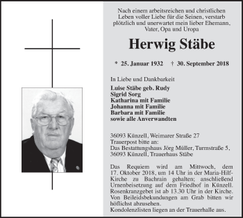 Traueranzeige von Herwig Stäbe 