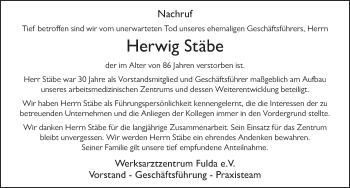Traueranzeige von Herwig Stäbe 