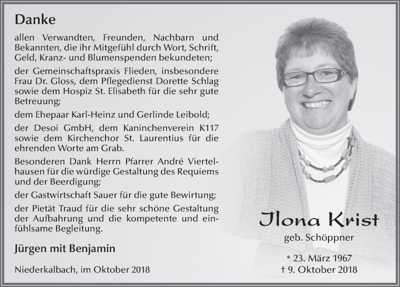  Traueranzeige für Ilona Krist vom 26.10.2018 aus 