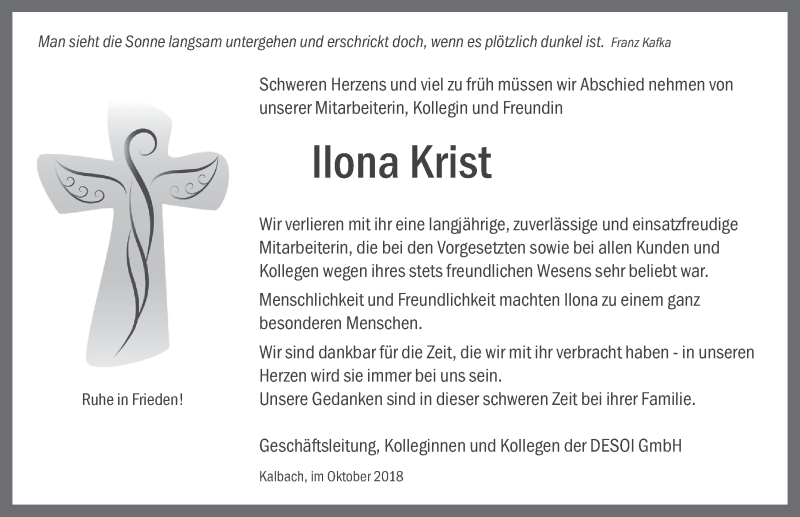  Traueranzeige für Ilona Krist vom 11.10.2018 aus 