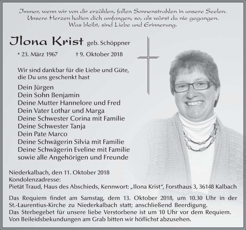  Traueranzeige für Ilona Krist vom 11.10.2018 aus 