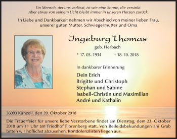 Traueranzeige von Ingeburg Thomas 