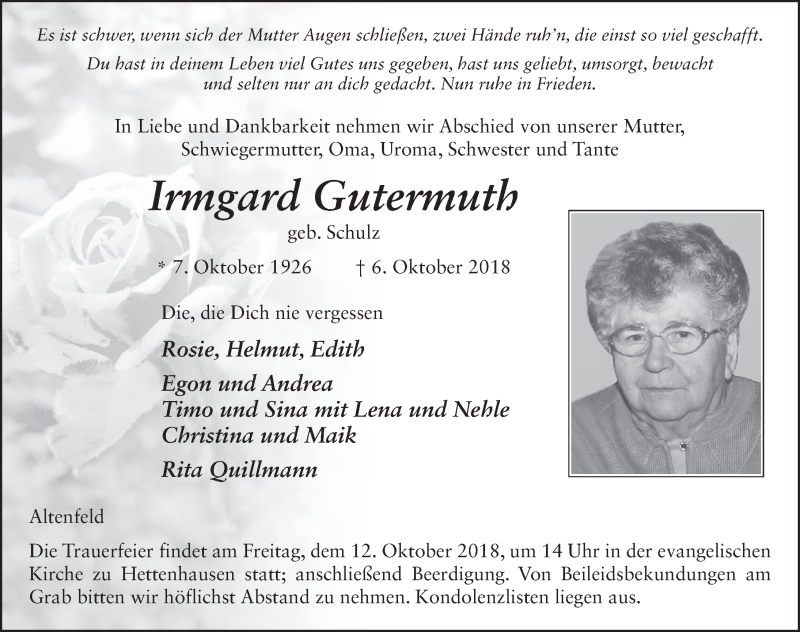  Traueranzeige für Irmgard Gutermuth vom 10.10.2018 aus 