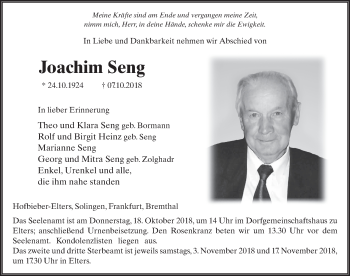 Traueranzeige von Joachim Seng 