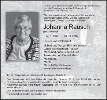 Traueranzeige von Johanna Rausch 