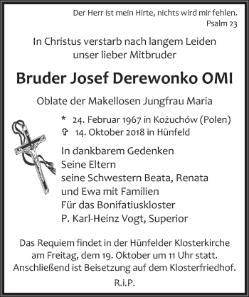 Traueranzeige von Josef Derewonko 