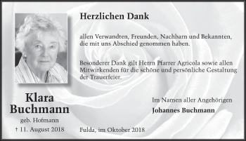 Traueranzeige von Klara Buchmann 