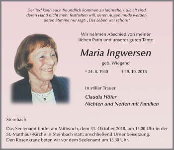Traueranzeige von Maria Ingwersen 