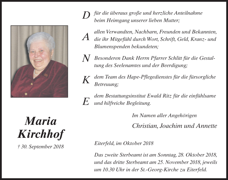  Traueranzeige für Maria Kirchhof vom 20.10.2018 aus 