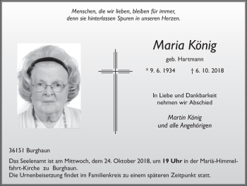 Traueranzeige von Maria König 