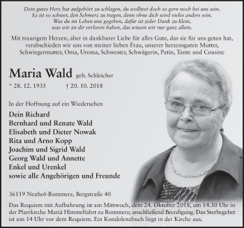 Traueranzeige von Maria Wald 