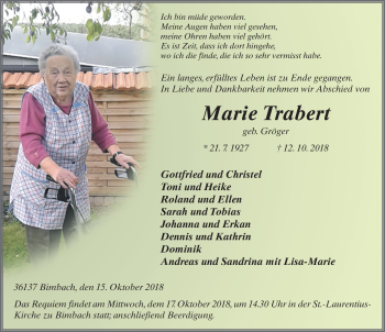 Traueranzeige von Marie Trabert 