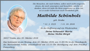 Traueranzeige von Mathilde Schönholz 