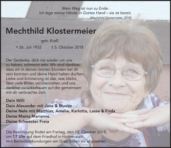 Traueranzeige von Mechthild Klostermeier 