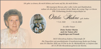 Traueranzeige von Ottilie Hahne 
