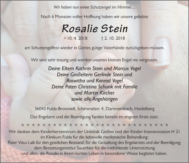  Traueranzeige für Rosalie Stein vom 13.10.2018 aus 