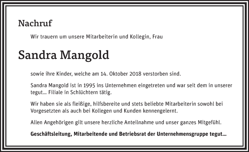  Traueranzeige für Sandra Mangold vom 24.10.2018 aus 