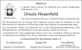 Traueranzeige von Ursula Hosenfeld 