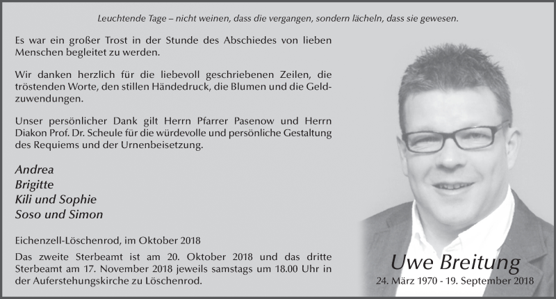  Traueranzeige für Uwe Breitung vom 19.10.2018 aus 