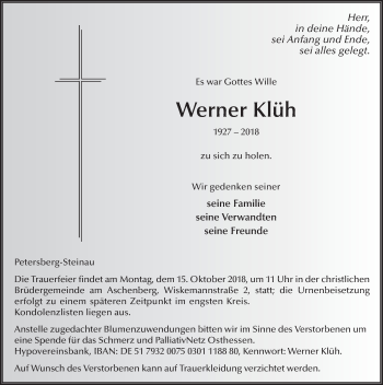 Traueranzeige von Werner Klüh 