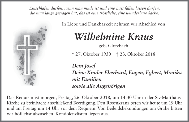 Traueranzeige für Wilhelmine Kraus vom 25.10.2018 aus 