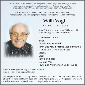 Traueranzeige von Willi Vogt 