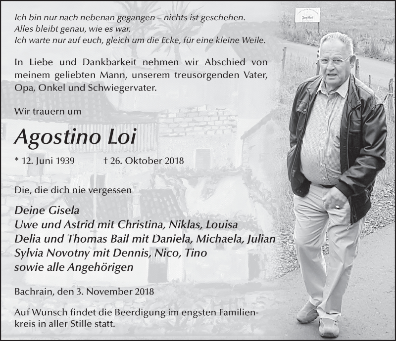  Traueranzeige für Agostino Loi vom 03.11.2018 aus 