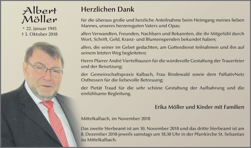  Traueranzeige für Albert Möller vom 09.11.2018 aus 