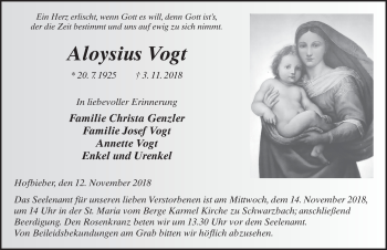 Traueranzeige von Aloysius Vogt 